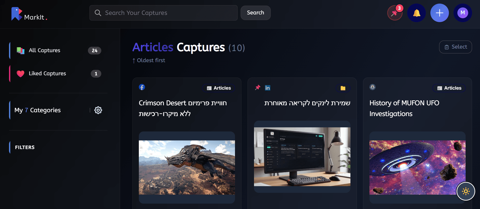 MarkIt desktop dashboard showing organized captures