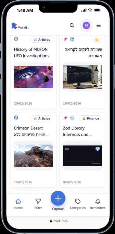 MarkIt mobile app showing saved items organized by category